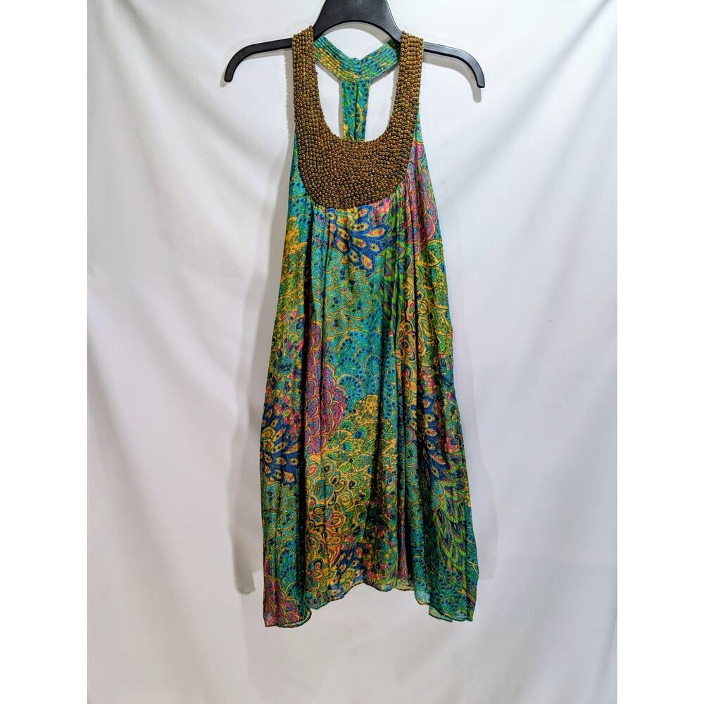 Boho Wooden Beaded Halter Paisley Dress Multicolor Lined XS-S‎